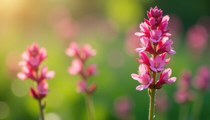 Fototapeta premium Pink flowers blooming on Rumex acetosella stems, pink flowers, spring