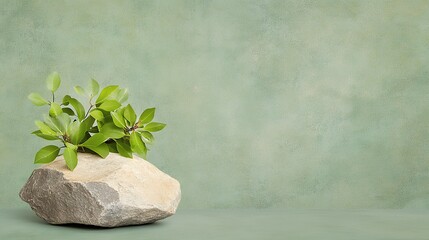 Serene Green Leaves Emerging From Rock Against Textured Green Backdrop