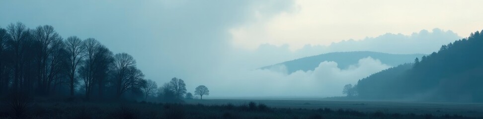 Obraz premium Cloudy landscape with white fog and dark trees, shadows, darkness