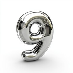 Number 9 made of polished silver metal with a reflective surface isolated on a clean white background