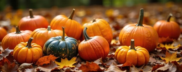 Colorful pumpkins scattered across a blanket of leaves, rustic, garden, autumn colors