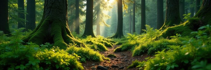 Obraz premium Coniferous forest floor with moss and ferns under tall trees, moss,