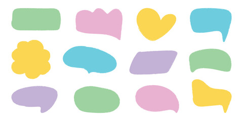 Crayon speech bubble set in trendy doodle style. Color chalk balloons for text, chat, dialog icon. Hand drawn child frames, talk box, cloud. Isolated vector illustration.