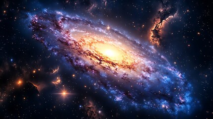 Vibrant high-resolution image of a spiral galaxy with glowing star clusters, bright nebulae, and deep cosmic dust lanes against a dark space background