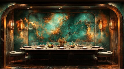Luxurious dining room, emerald wall,  private setting, Asian-inspired