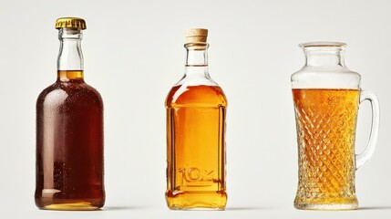 Three distinct glass bottles containing amber-colored beverages on a neutral background