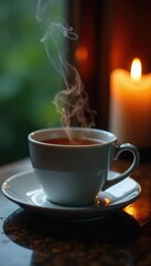 Cup of hot tea with steam rising and lit candle, tea cup, rain falling