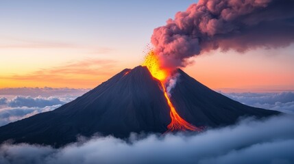 A stunning volcano erupts at sunset, spewing lava and ash into the sky, surrounded by clouds, creating a dramatic and awe-inspiring natural spectacle.