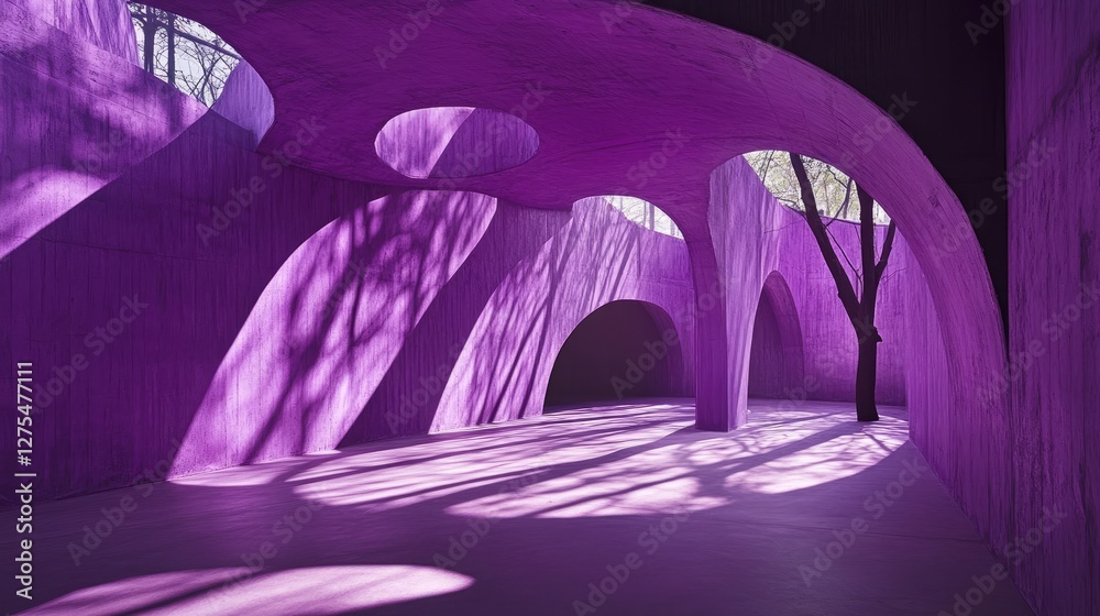 Poster an empty purple concrete room with curved, textured structures, soft light casting dramatic shadows 