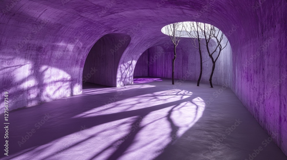 Aufkleber an empty purple concrete room with curved, textured structures, soft light casting dramatic shadows 