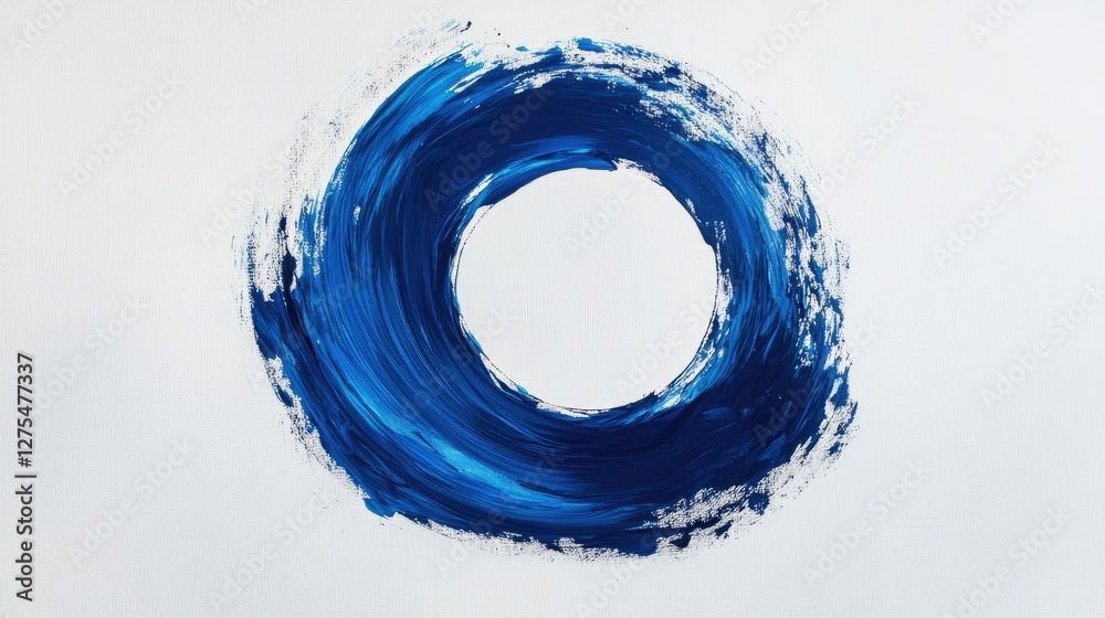 Poster Artistic abstract design with a smooth blue brush stroke forming a circular shape on a white canvas, showcasing a contemporary minimalist style