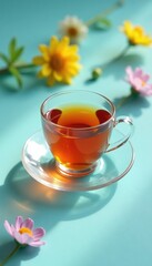 Delicate glass cup and saucer on a light blue surface, cup, tea, calendula