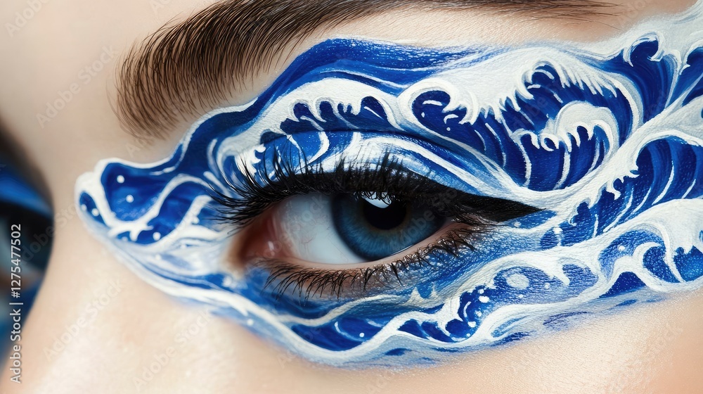 Poster artistic eye makeup featuring blue and white wave-like patterns, creating a mesmerizing effect that 
