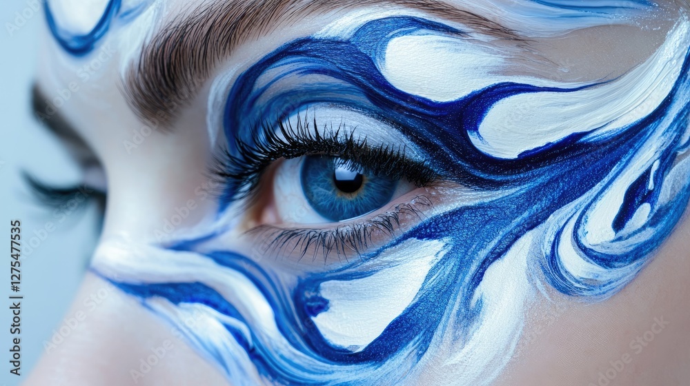 Poster artistic eye makeup featuring blue and white wave-like patterns, creating a mesmerizing effect that 