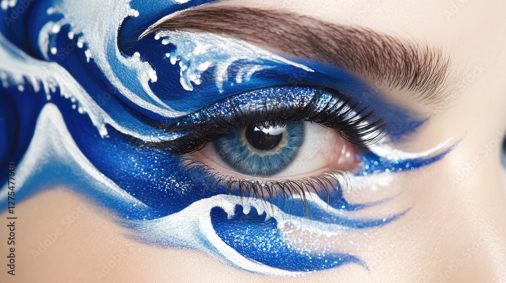 Poster artistic eye makeup featuring blue and white wave-like patterns, creating a mesmerizing effect that 