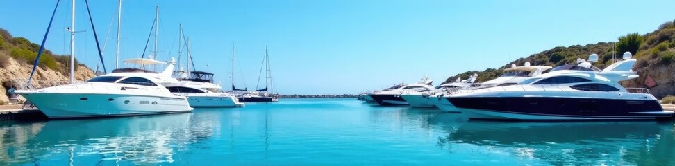 Fototapeta premium Coastal Paradise: A serene coastal scene captures a fleet of luxurious yachts docked in a tranquil bay, reflecting in the crystal-clear turquoise waters under a brilliant blue sky.