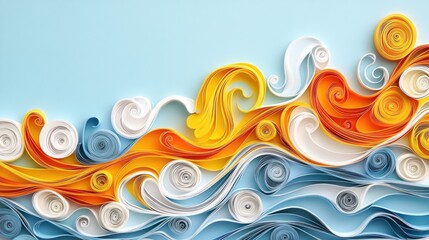 Beautifully detailed paper quilling waves in orange, yellow, and white spirals on a soft blue background, showcasing artistic creativity and dynamic motion