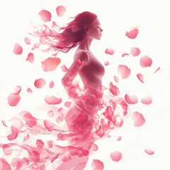Elegant vector illustration for International Women's Day, featuring a graceful woman silhouette amidst pink petals, perfect for feminist themes and celebrations.
