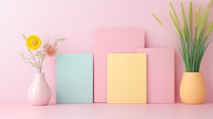 Colorful Pastel-Themed Composition with Geometric Blocks and Fresh Flowers on a Soft Pink Background