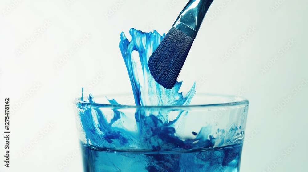 Poster blue pigment swirling into water from an art brush soaking in a glass, with a simple white backgroun