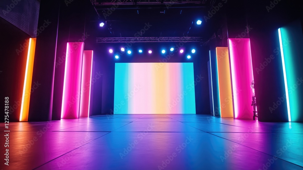 Poster bold abstract shapes and bright multicolored lighting illuminate a stage, leaving plenty of room in 