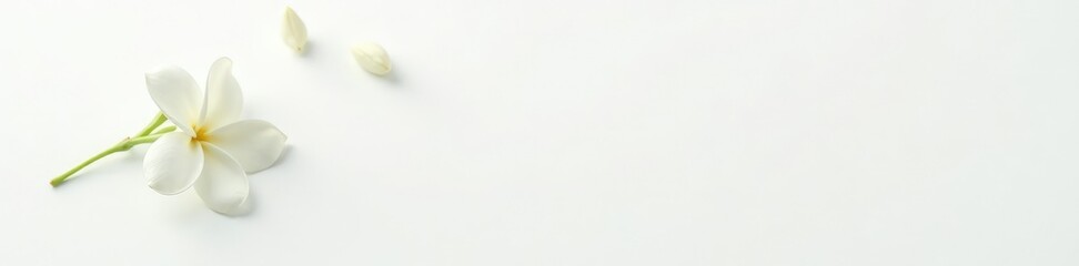 Fototapeta premium Single jasmine flower with its delicate leaf and stem on a simple white background, nature, texture, floral