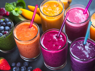 Different colors, fresh fruit smoothies 