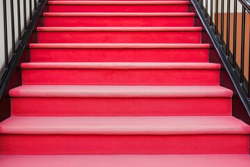 A vibrant view of red stairs leading upwards, featuring a sleek design and black railings, creating an eye-catching focal point.