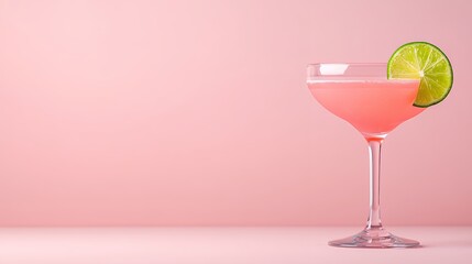 Elegant Pink Cocktail Garnished with Lime Slice in a Crystal Glass on Soft Pink Background