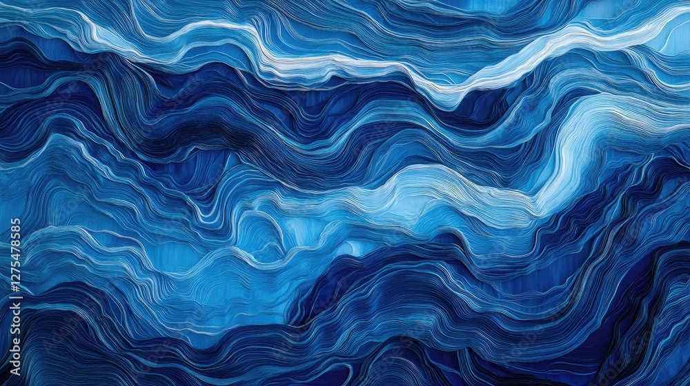 Poster Bold, vibrant blue wave patterns creating a flowing, horizontal abstract background with depth and movement, ideal for creative designs