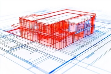 A 3D architectural blueprint rendered in red and blue lines, showcasing a modern building design...