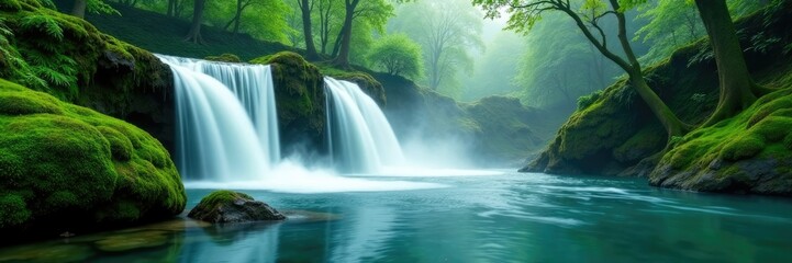 Fototapeta premium Emerald waters cascade over moss-covered rocks, mist, landscape, water