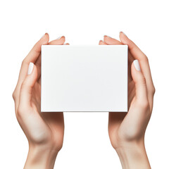 Mockup of hands holding a plain white box isolated on a transparent background.