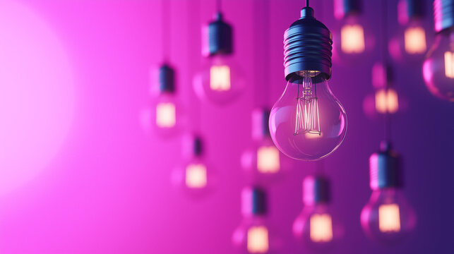 A surreal concept featuring floating, glowing bulbs over a dreamy pink and purple gradient background, evoking imagination, artistic vision, and inspiration.