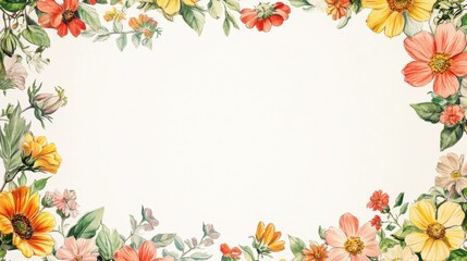 Obraz premium Floral Border Design with Colorful Flowers and Green Leaves