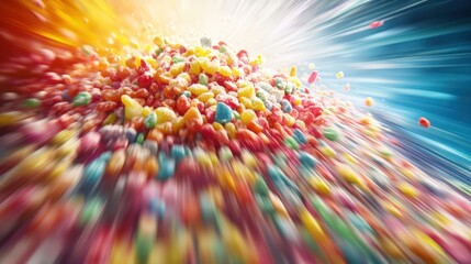 Vibrant explosion of colorful candy sprinkles creating a dynamic burst effect in a whimsical background