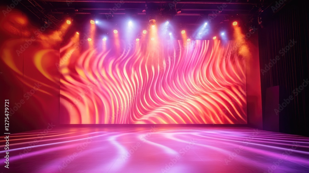 Poster Bright swirling patterns and illuminated bulbs on a stage backdrop, creating a high-energy and playful atmosphere with bold colors and dynamic movement