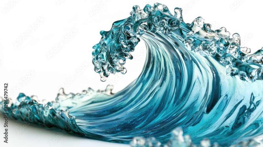 Poster close-up of a turquoise sea wave with textured details, set against a clean white background, emphas