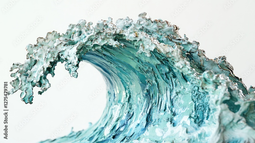 Poster close-up of a turquoise sea wave with textured details, set against a clean white background, emphas