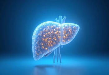 Illustration of a human liver with fat deposits, highlighting Non-Alcoholic Fatty Liver Disease (NAFLD) on a blue background.