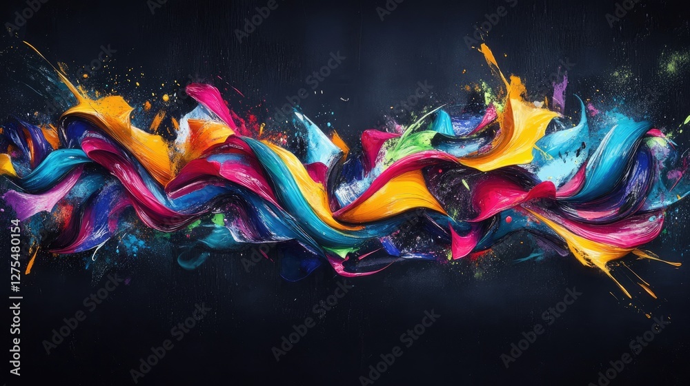 Poster colorful 3d waves create a vibrant abstract pattern against a dark backdrop, exuding energy, fluidit