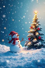 Frosty landscape with snowman and Christmas tree, holiday season, frosty