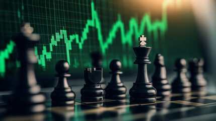 A dynamic financial concept: chess pieces arranged in a strategic formation, with a green upward-trending market graph overlaying the scene.