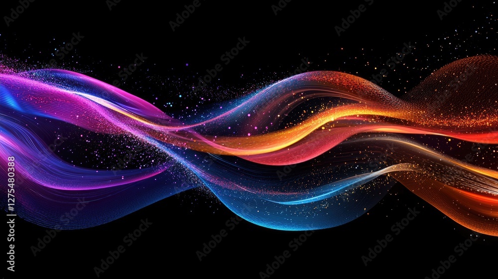 Poster Colorful digital particles flow in an abstract wave, capturing the essence of energy and technological innovation in a vivid, futuristic design