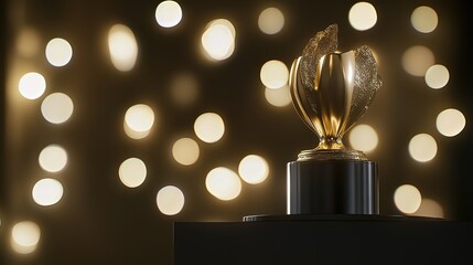 Golden film award trophy on black podium, symbolizing cinematic excellence and achievement, surrounded by subtle bokeh lights, representing success and recognition in the film industry.