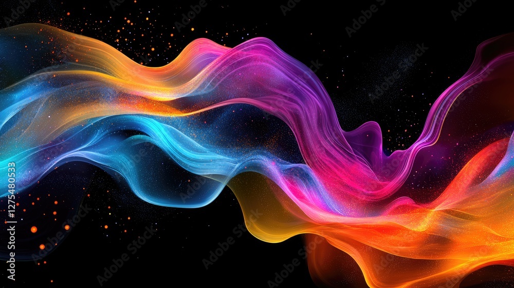 Poster Colorful digital particles flow in an abstract wave, capturing the essence of energy and technological innovation in a vivid, futuristic design