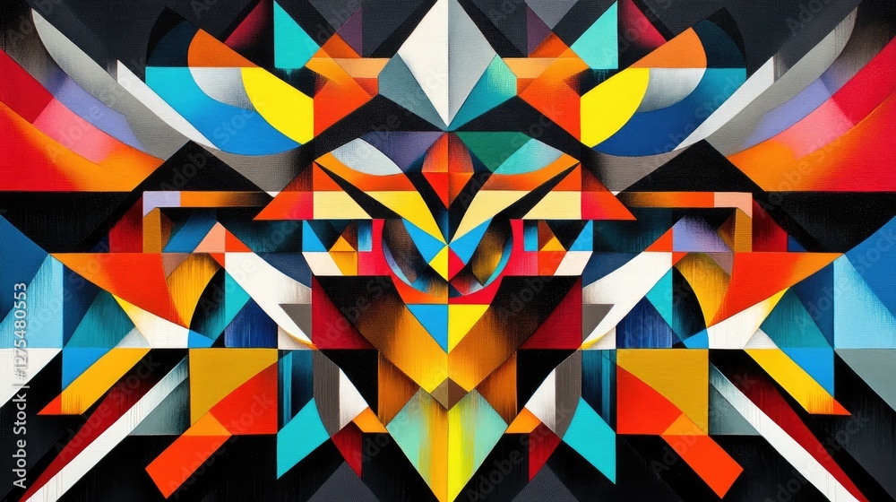 Poster Colorful geometric shapes and their angular reflections create a bold and modern background with sharp lines and dynamic color contrasts