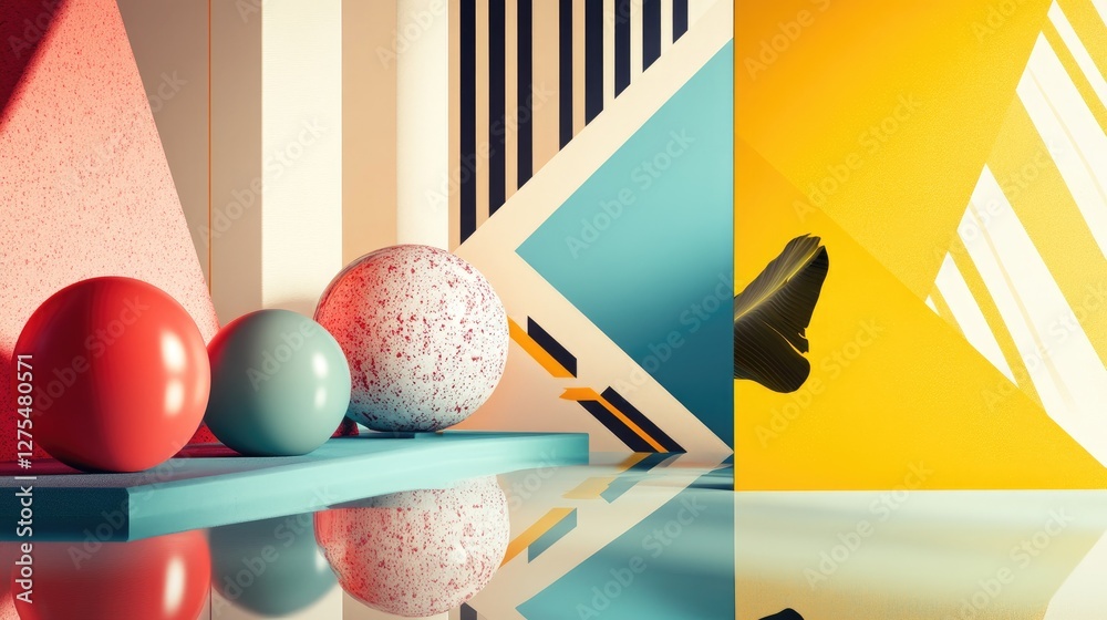 Poster Colorful geometric shapes and their angular reflections create a bold and modern background with sharp lines and dynamic color contrasts