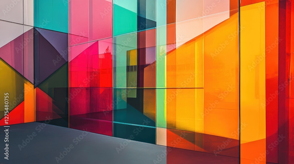 Poster colorful geometric shapes with angular reflections, forming a vibrant and modern background full of 