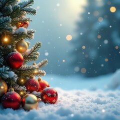 Frosty winter scene with golden Christmas background and festive balls, decorations, ornaments, snowflakes